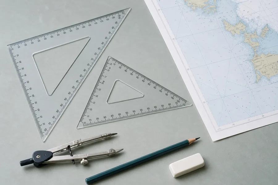 Navigationsbesteck und Seekarte zur Prüfungsvorbereitung