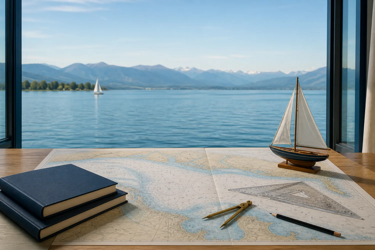 Lerntisch mit Seekarte, Navigationsbesteck und Modellsegelboot vor einem großen Alpensee