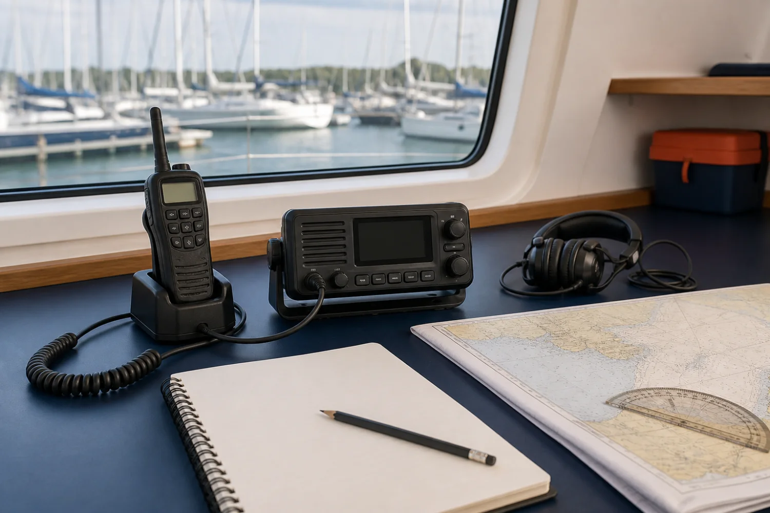Unbeschriftete Seefunkgeräte, Notizbuch und Seekarte an einem hellen Yachttisch
