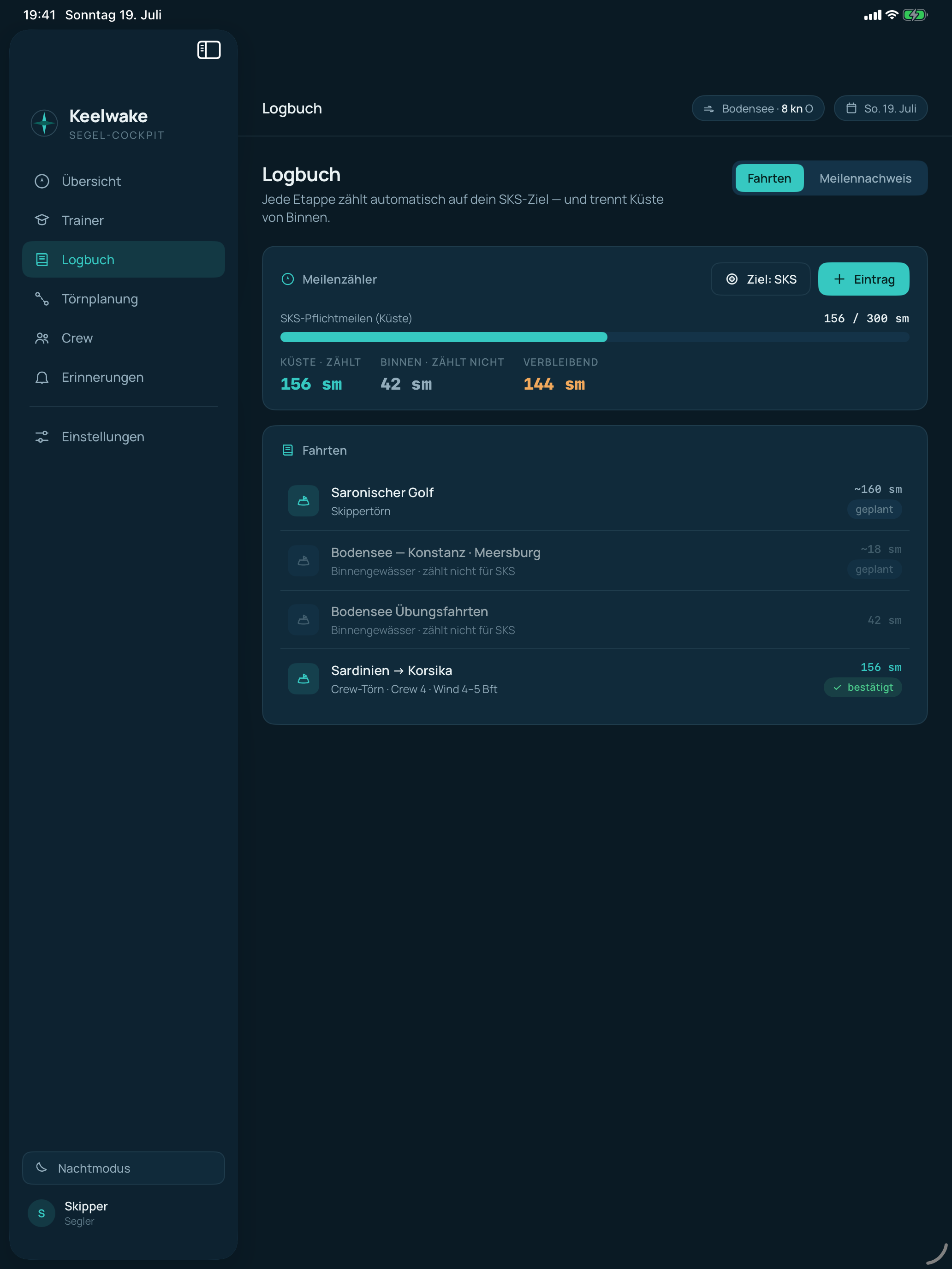 Logbuch und Törnübersicht auf dem iPad