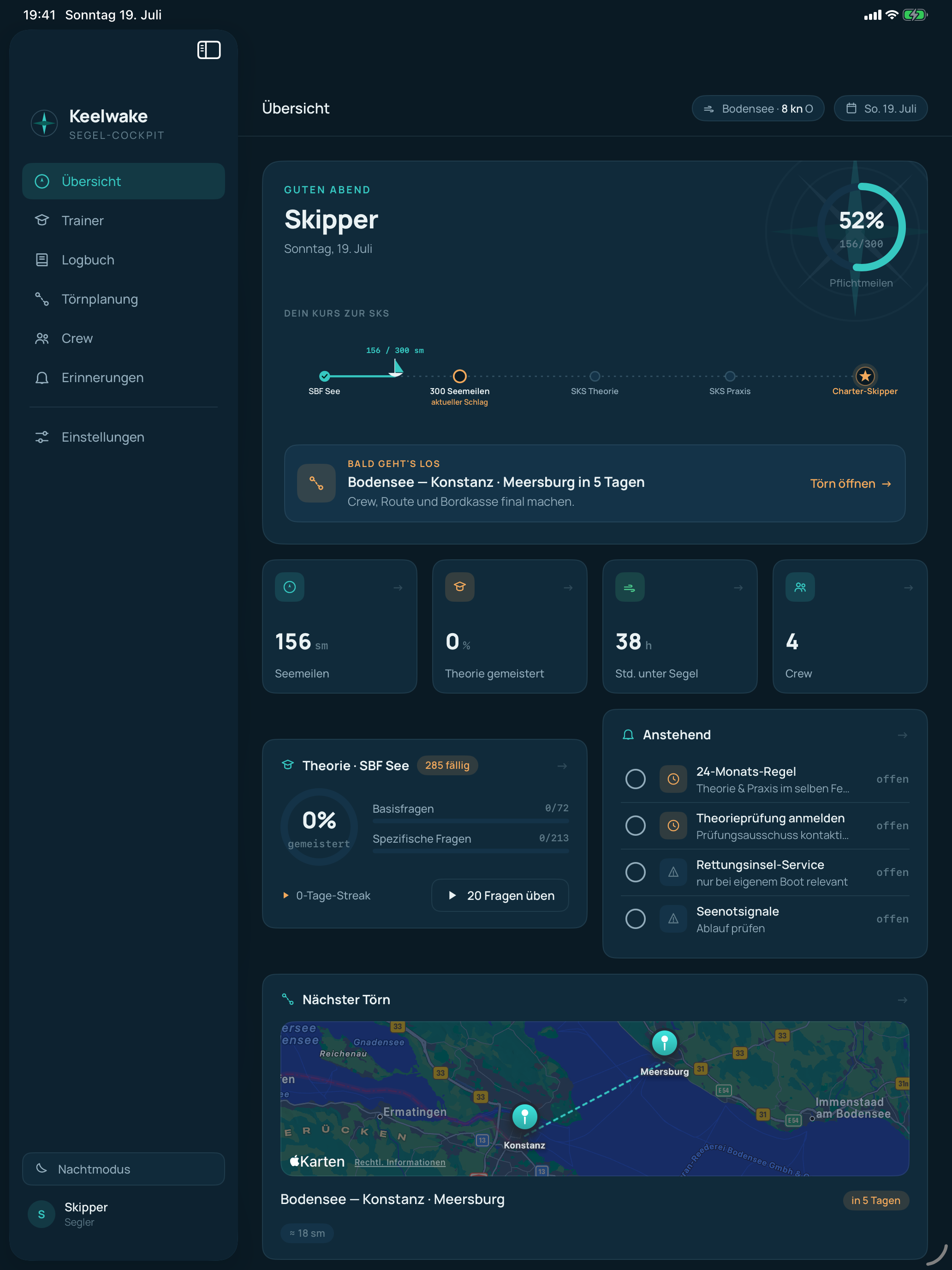 Keelwake Cockpit und nächster Törn auf dem iPad