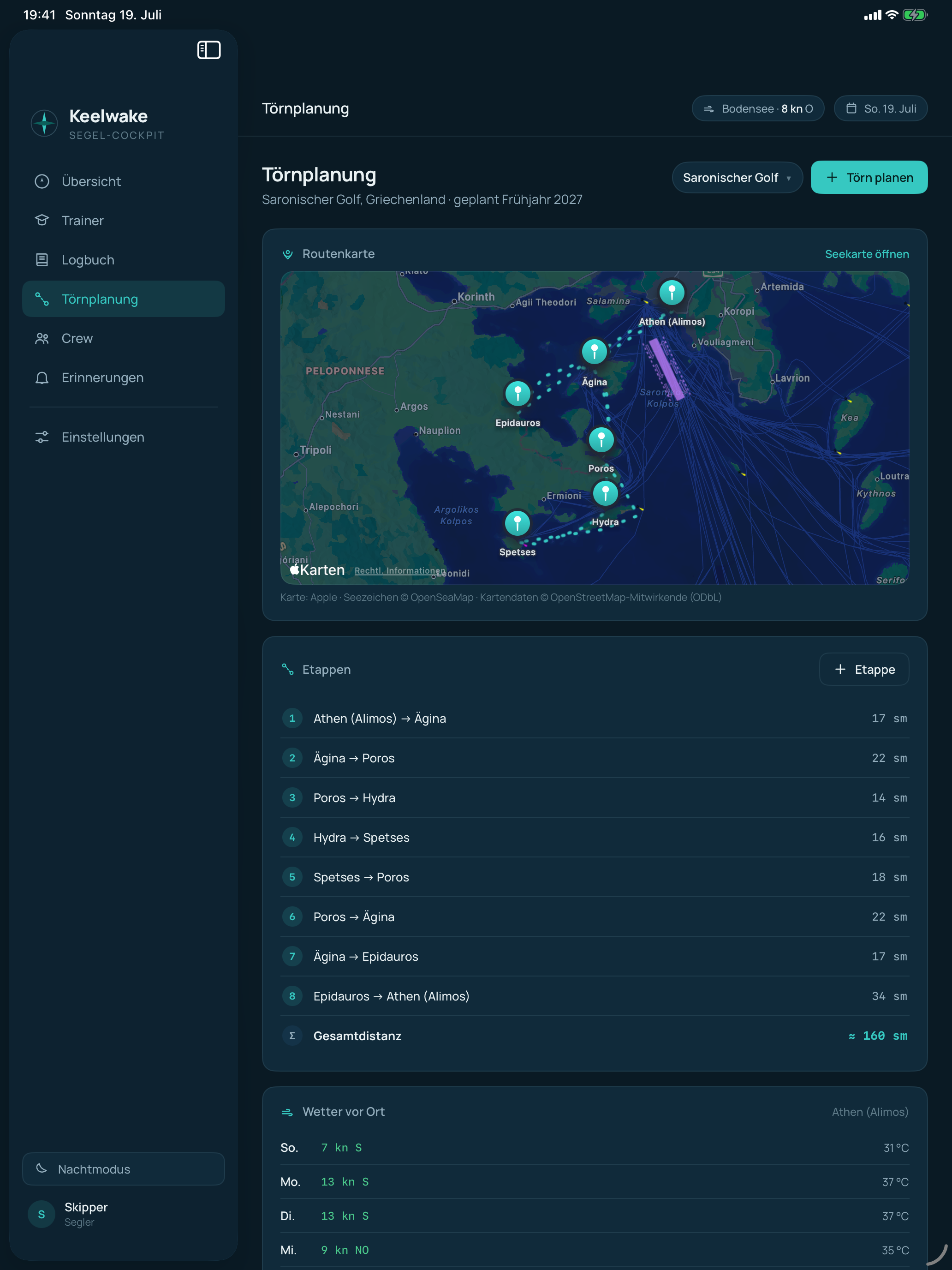 Keelwake Törnplanung auf dem iPad