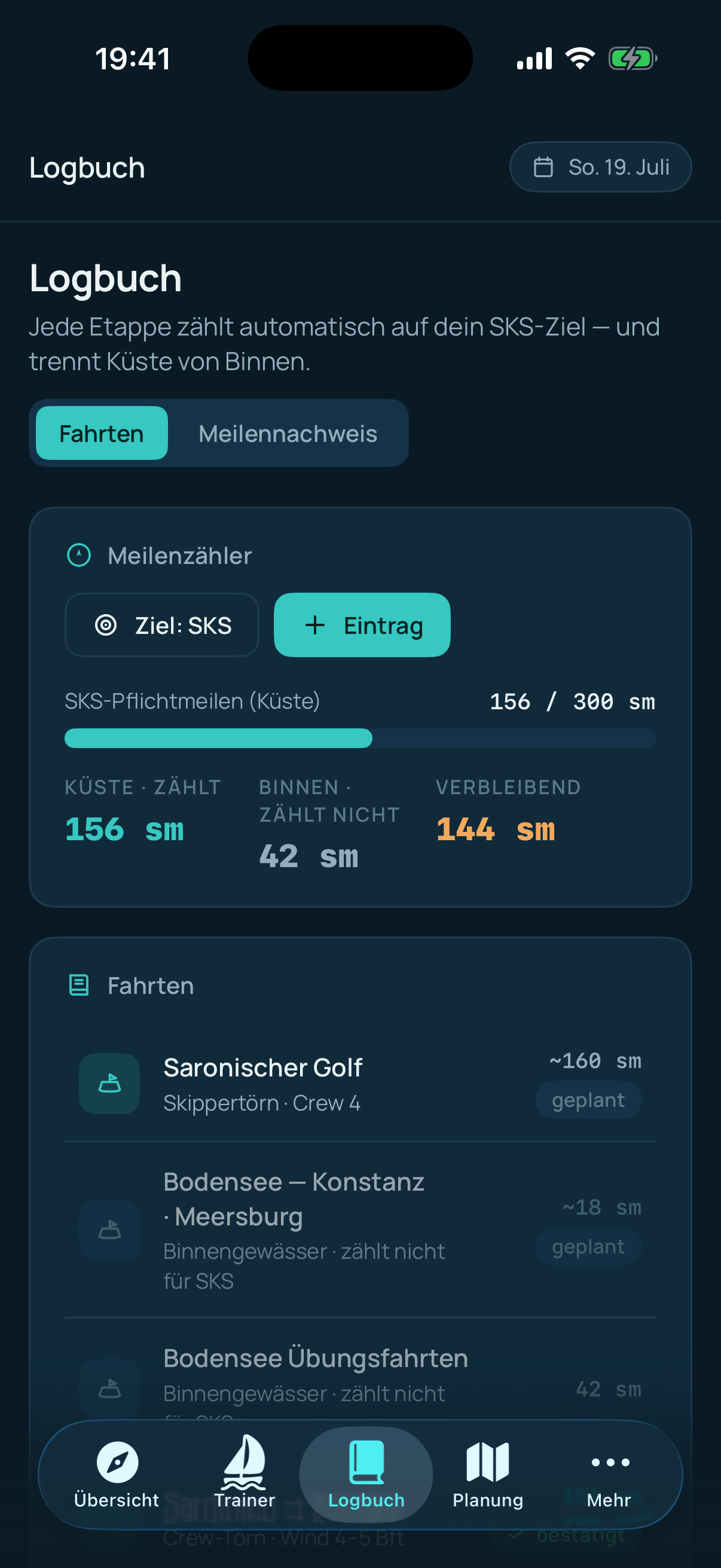 Keelwake Logbuch auf dem iPhone